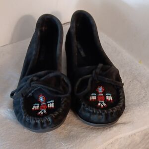 Minnetonka Black Moccasins with Beaded Design